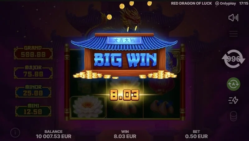 Red Dragon of Luck - màn hình chính với lưới 3x3 và rồng đỏ